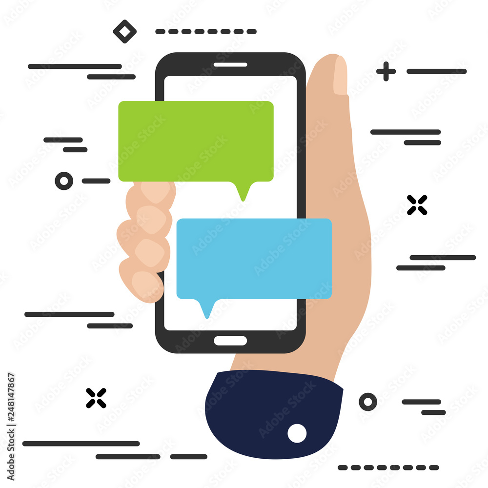 Poster flat minimal hand holding mobile phone with chat message notifications. arm with smartphone and chat
