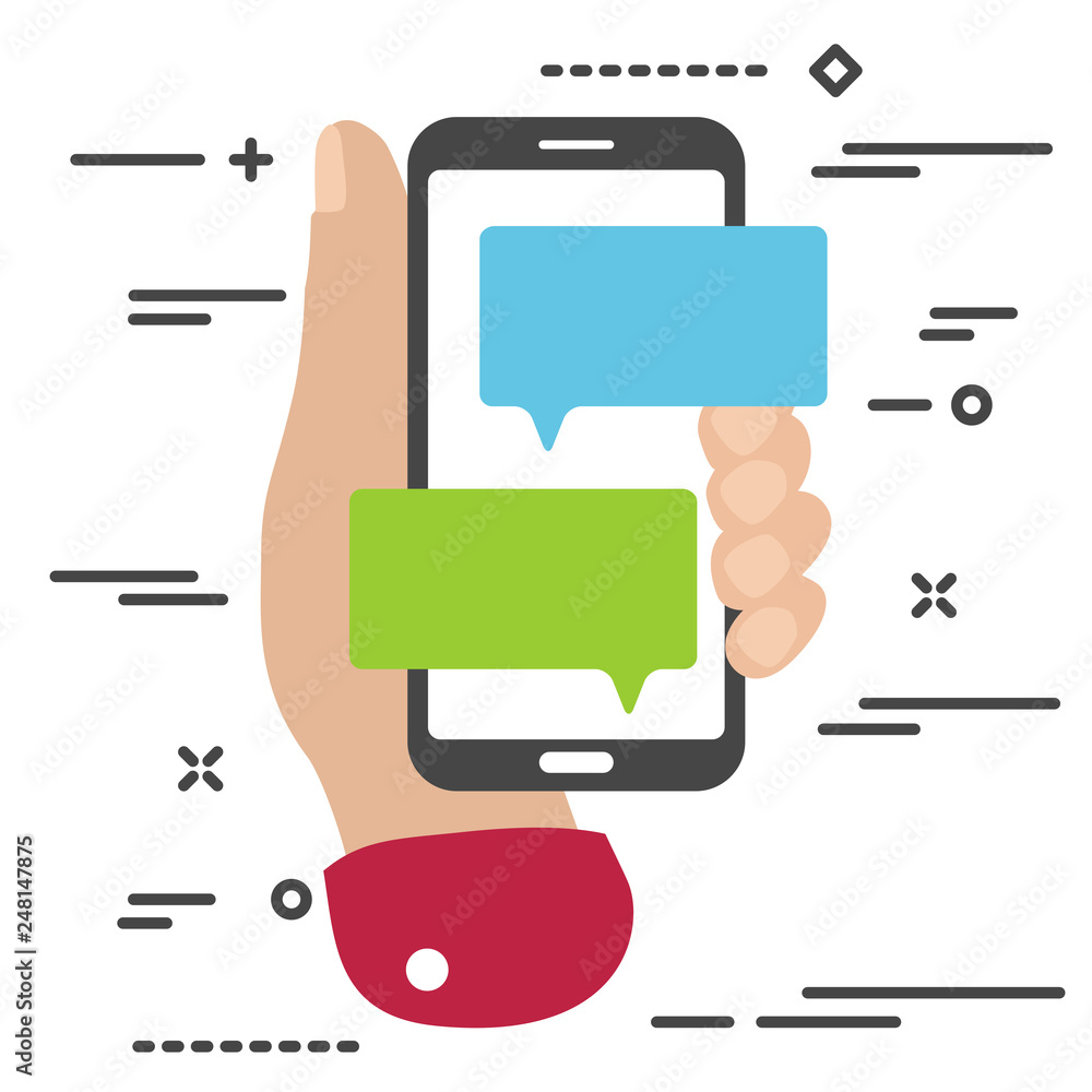Poster flat minimal hand holding mobile phone with chat message notifications. arm with smartphone and chat