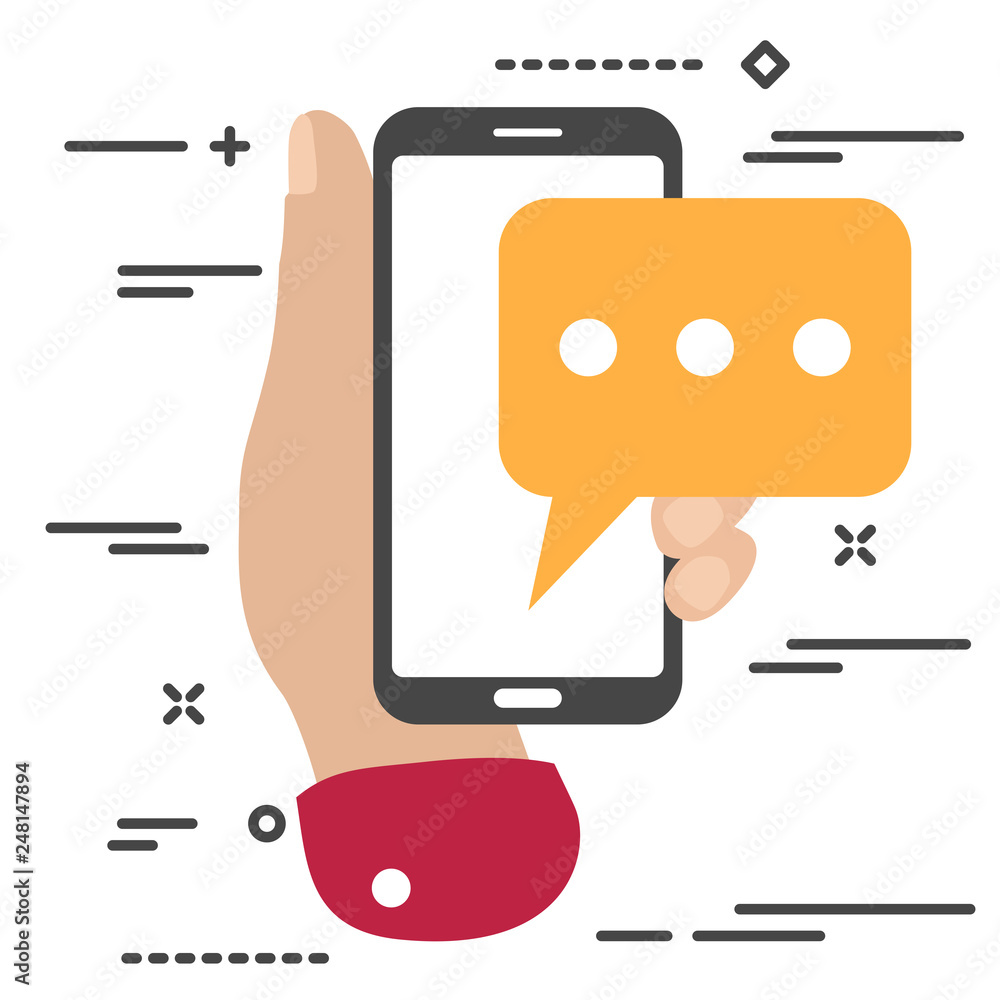 Poster flat minimal hand holding mobile phone with chat message notifications. arm with smartphone and chat