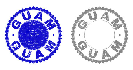 Grunge GUAM stamp seals isolated on a white background. Rosette seals with grunge texture in blue and gray colors. Vector rubber stamp imitation of GUAM label inside round rosette.