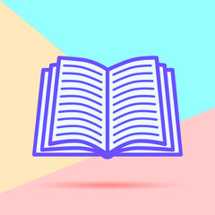 flat lay modern pastel colored open book icon with shadow on blue and pink background