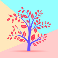 Obraz premium flat modern minimal abstract autumn tree silhouette illustration icon with shadow on blue and pink pastel colored background