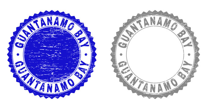 Grunge GUANTANAMO BAY stamp seals isolated on a white background. Rosette seals with grunge texture in blue and gray colors. Vector rubber overlay of GUANTANAMO BAY label inside round rosette.