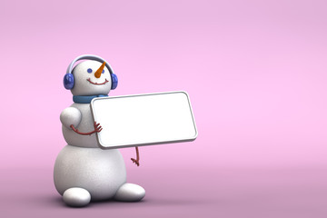 3d illustartion of minimal cute snowman holding a blank plate on a pastel colored pink background