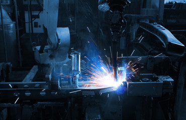 Industry 4.0 ,  concept  of  Robot arm in smart factory background.