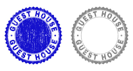Obraz premium Grunge GUEST HOUSE stamp seals isolated on a white background. Rosette seals with distress texture in blue and gray colors. Vector rubber stamp imitation of GUEST HOUSE tag inside round rosette.