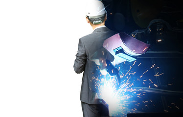 management man working, industrial blue tone background