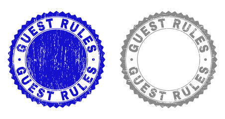 Obraz premium Grunge GUEST RULES stamp seals isolated on a white background. Rosette seals with distress texture in blue and grey colors. Vector rubber stamp imitation of GUEST RULES text inside round rosette.