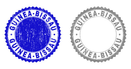 Obraz premium Grunge GUINEA-BISSAU stamp seals isolated on a white background. Rosette seals with distress texture in blue and gray colors. Vector rubber stamp imitation of GUINEA-BISSAU text inside round rosette.