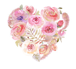 Heart of watercolor flowers. Heart Shaped Watercolor Roses. Floral arrangements