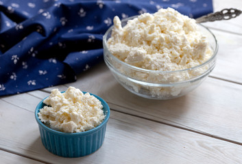 Curd cheese in a bowl on wooden background 