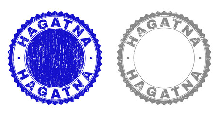 Grunge HAGATNA stamp seals isolated on a white background. Rosette seals with grunge texture in blue and grey colors. Vector rubber stamp imprint of HAGATNA caption inside round rosette.