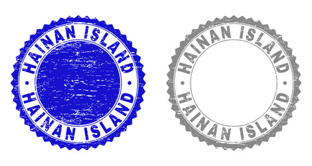 Grunge HAINAN ISLAND stamp seals isolated on a white background. Rosette seals with distress texture in blue and grey colors. Vector rubber stamp imitation of HAINAN ISLAND title inside round rosette.