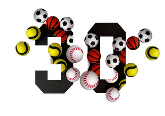 30 number thirty, graphic black digit and creative typography with colourful balls on white background, basketball, football, baseball, tennis.