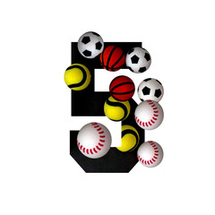 5 number five, graphic black digit and creative typography with colourful balls on white background, basketball, football, baseball, tennis.