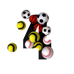 4 number four, graphic black digit and creative typography with colourful balls on white background, basketball, football, baseball, tennis.