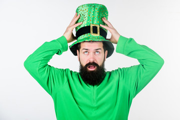 Happy patricks day. Global celebration of irish culture. Man bearded hipster wear green clothing...