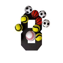 8 number eight, graphic black digit and creative typography with colourful balls on white background, basketball, football, baseball, tennis.