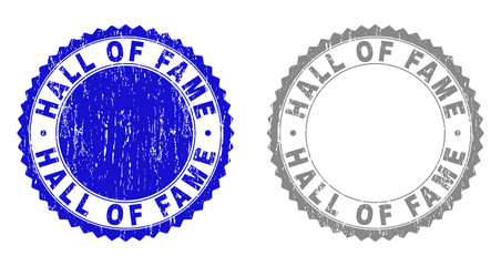 Grunge HALL OF FAME stamp seals isolated on a white background. Rosette seals with grunge texture in blue and grey colors. Vector rubber overlay of HALL OF FAME label inside round rosette.