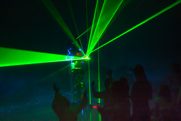 Colorful lights show. Laser show in motion in dark