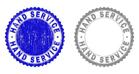 Grunge HAND SERVICE stamp seals isolated on a white background. Rosette seals with grunge texture in blue and grey colors. Vector rubber stamp imitation of HAND SERVICE title inside round rosette.