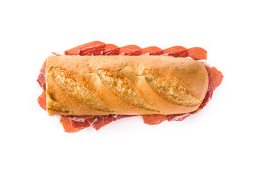 Spanish serrano ham sandwich isolated on white background. Top view.