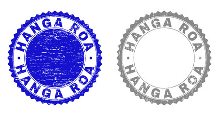 Obraz premium Grunge HANGA ROA stamp seals isolated on a white background. Rosette seals with distress texture in blue and gray colors. Vector rubber stamp imprint of HANGA ROA label inside round rosette.