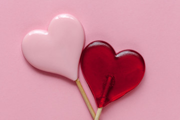 Valentine day background with hearts. Pink background. Top view