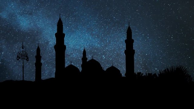 The Quba Mosque by Night with Stars and Milky Way in Background, is a mosque in the outlying environs of Medina, Saudi Arabia