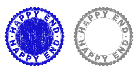 Obraz premium Grunge HAPPY END stamp seals isolated on a white background. Rosette seals with grunge texture in blue and grey colors. Vector rubber stamp imprint of HAPPY END caption inside round rosette.