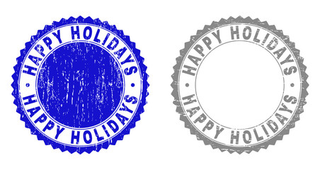 Grunge HAPPY HOLIDAYS stamp seals isolated on a white background. Rosette seals with grunge texture in blue and grey colors. Vector rubber stamp imprint of HAPPY HOLIDAYS title inside round rosette.
