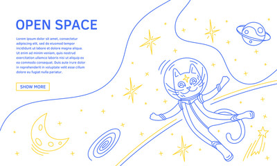 Open space landing page or banner concept. Flat line illustration with cat in space - 248154288