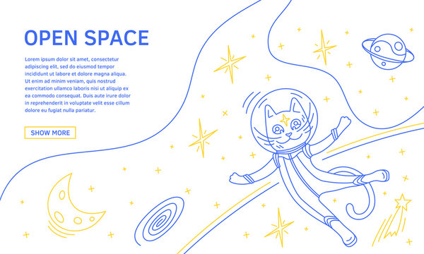 Open space landing page or banner concept. Flat line illustration with cat in space