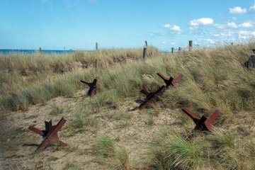 Utah Beach France 09-10-2018. barbed wire at Utah Beach landing site of D Day. Sainte Marie du Mont...