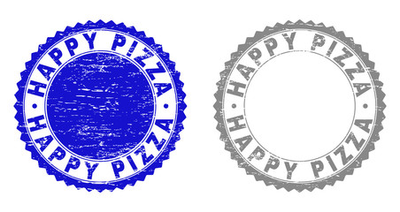 Grunge HAPPY PIZZA stamp seals isolated on a white background. Rosette seals with distress texture in blue and grey colors. Vector rubber watermark of HAPPY PIZZA text inside round rosette.