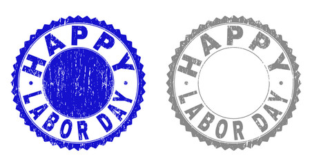 Grunge HAPPY LABOR DAY stamp seals isolated on a white background. Rosette seals with grunge texture in blue and grey colors. Vector rubber stamp imprint of HAPPY LABOR DAY title inside round rosette.