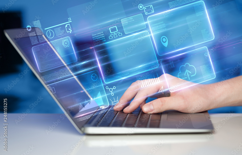 Poster hand using laptop with database reports and online work concept