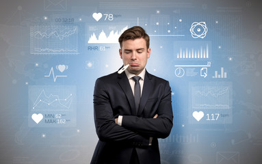 Young sick businessman with fever and medical research concept

