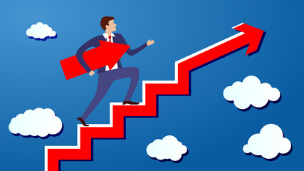 Businessman is walking up the stairs with an arrow pointing along his path under his arm. Concept of a charismatic man going to his intended goal.