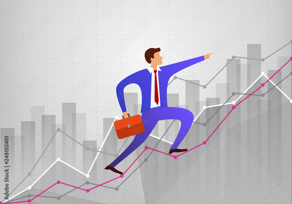 Poster young businessman pointing to the front in the direction of motion and goes up through the growth of