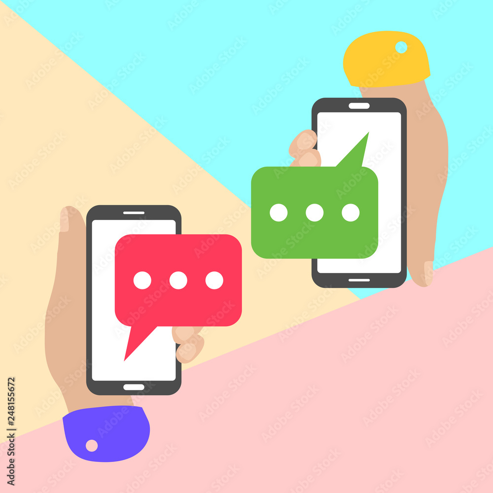 Poster flat lay modern minimal hands holding mobile phones with chat message notifications with shadow on p