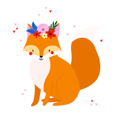 Cute vector drawing of a Fox with Flowers. Lovely illustration with Fox character.