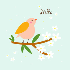 Fototapeta premium Hello - vector illustrations with blossom sprig and bird. Cute design for greeting card.
