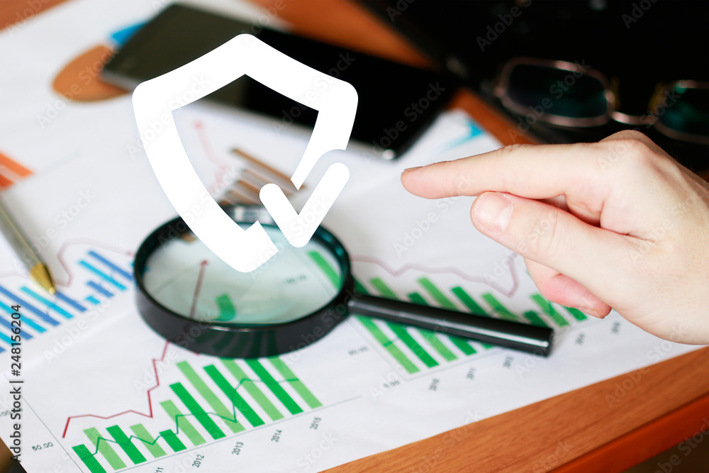 Poster businessman search magnifier shield security virus chart web file diagram.