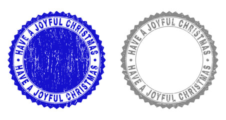 Grunge HAVE A JOYFUL CHRISTMAS stamp seals isolated on a white background. Rosette seals with grunge texture in blue and grey colors.