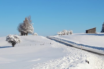 Fototapeta na wymiar Kurvige Landstraße in verschneiter Winterlandschaft, Allgäu, Bayern
