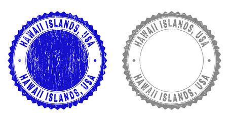 Obraz premium Grunge HAWAII ISLANDS, USA stamp seals isolated on a white background. Rosette seals with grunge texture in blue and grey colors. Vector rubber stamp imprint of HAWAII ISLANDS,