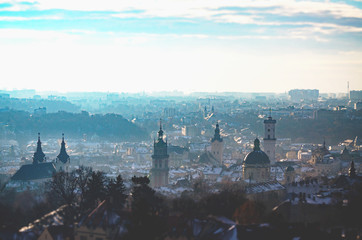 Fototapeta premium Lviv city overview, landscape with old cathedrals and towers, Ukraine