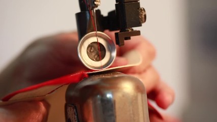 sewing machine, sew leather for shoe parts before assembly on making shoes workshop by handmade artisan expert in manufacturing leather shoe, manufacture traditional shoemaker craftsman