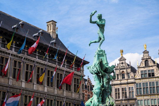  Close up Barbo fountain and guild houses at Grote Markt square in Antwerp, Belgium